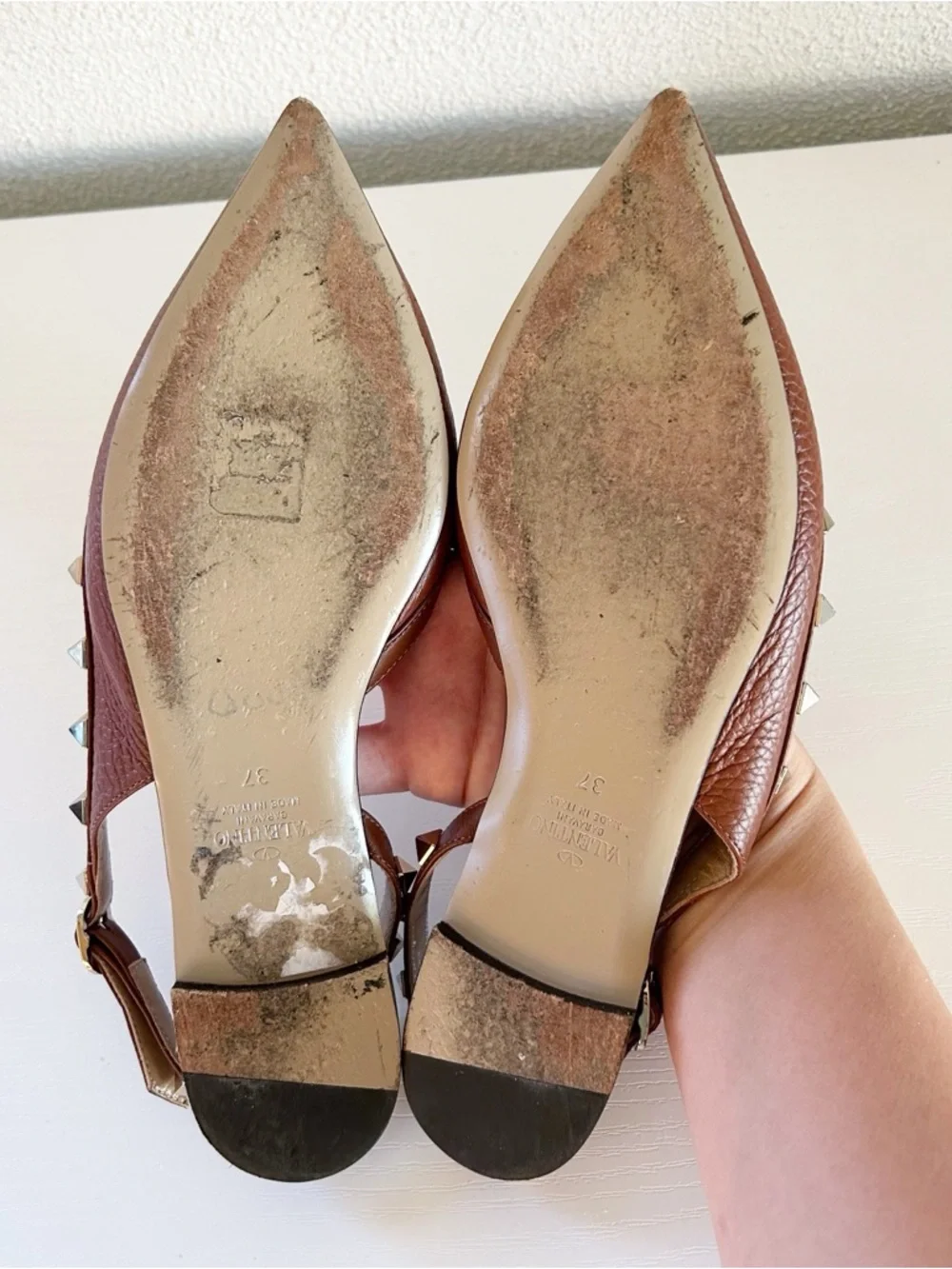 Valentino Garavani Rockstud Brown Slingback Flats Half D’Orsay Pointed Toe EU 37 - Picture 10 of 11